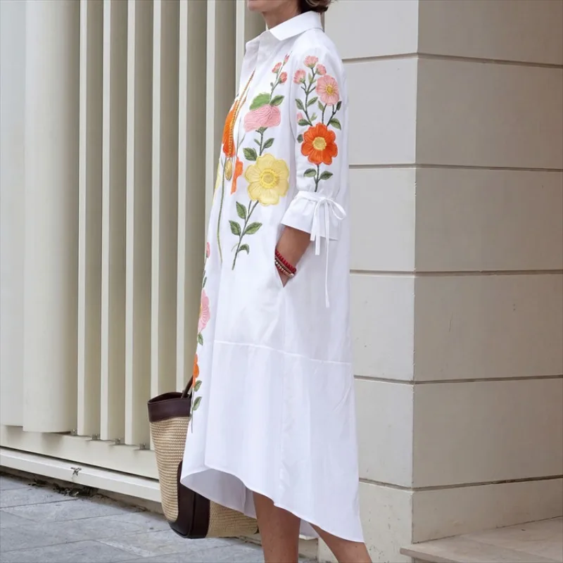 UOOZEE Women's Elegant Colorful Flower Printed Lapel Shirts Dress 2026 New Flared Sleeves Pockets Casual Vacation Midi Dresses image 4