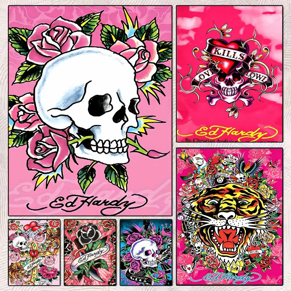 Fashion E-Ed Hardy Pink Skull and Roses Painting Calligraphy Aesthetic Canvas Wall Poster Modern Room Bedroom Cafe Wall Artwork