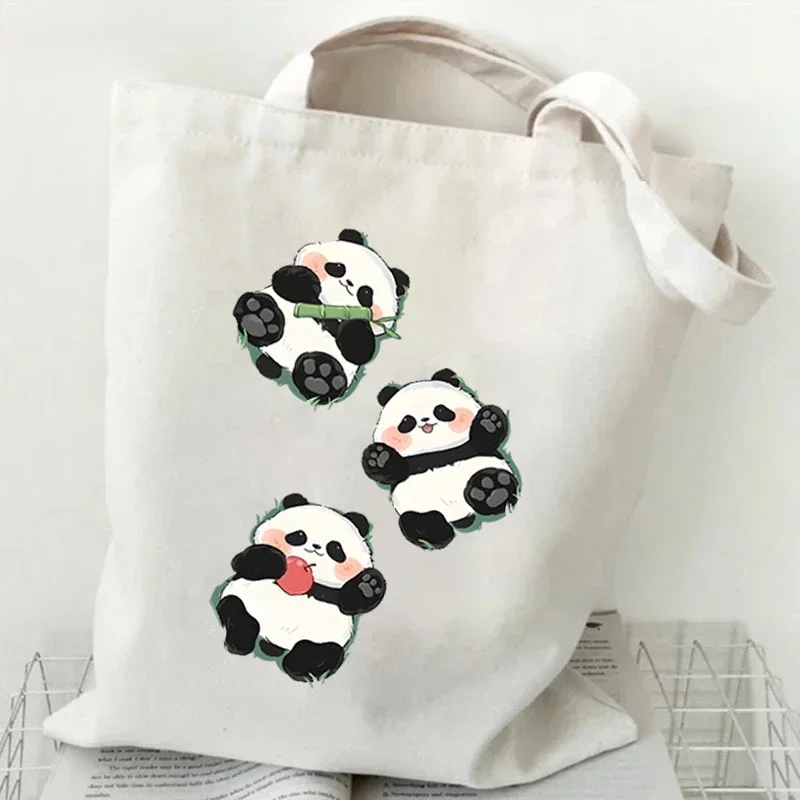 Cartoon Panda Pattern Canvas Shoulder Bag Women Portable Versatile Storage Bag Cute Animal Panda Shopping Bags Teen Girl Handbag