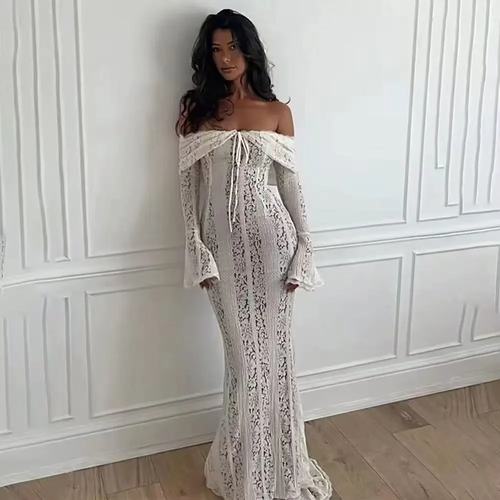 

BB6251 25 Spring New Style Fairy and Gentle One Shoulder Lace Dress French Style strapless waist cinching trailing long skirt