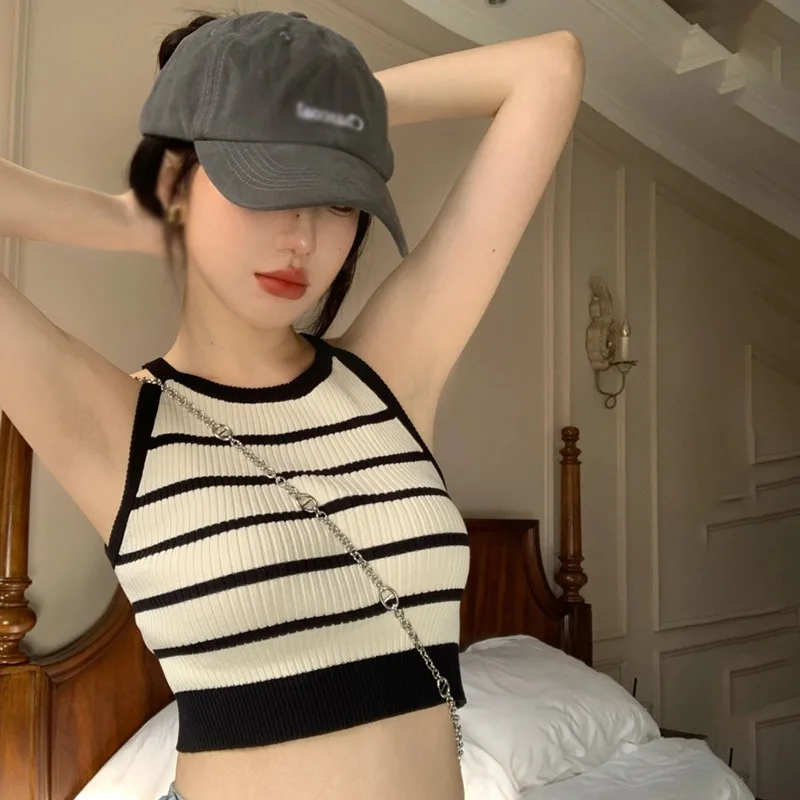 Women Summer Korean Suspenders Top Slim Retro Slim Fit Knitted Halterneck Stripes