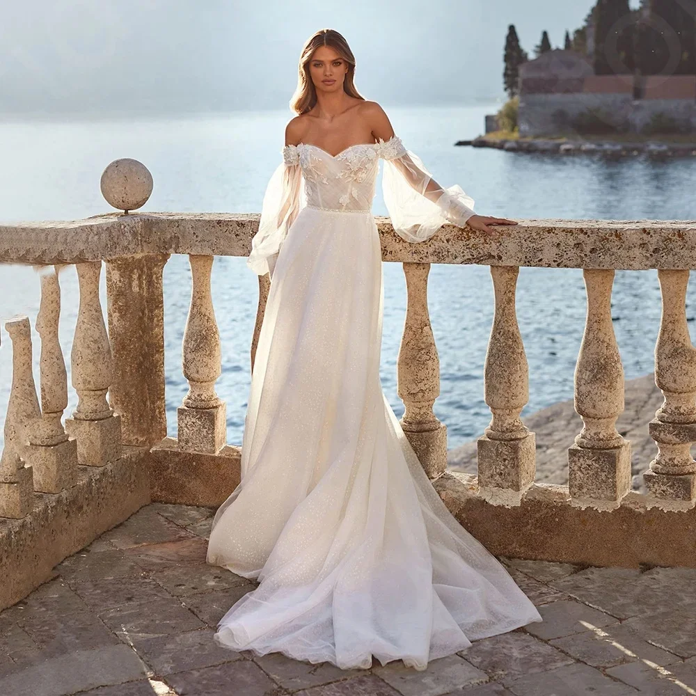 

2025 New Sparkling Bohemian Bridal Gown, Off-Shoulder Long Sleeve Beach Wedding Dress with Train, Lace, Customizable.