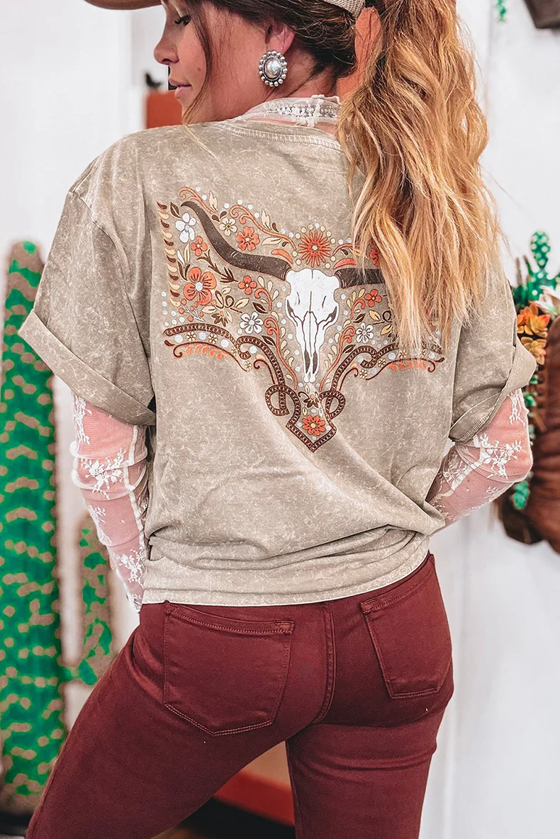 T-shirt à manches courtes détresse lavé pour femmes en été 2025, nouveau haut à manches courtes imprimé personnalisé en coton pour femmes