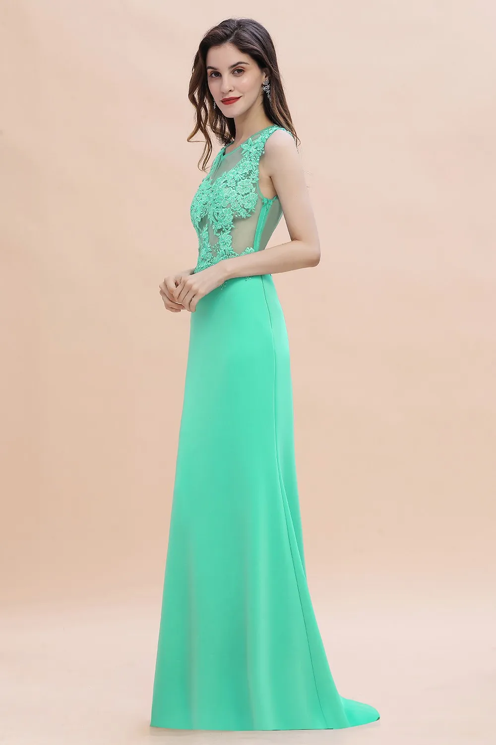 Women's Illusion Bodice Applique Mermaid Long Evening Dresses Sexy Sleeveless Green Maxi Prom Party Gowns Vestido de Festa