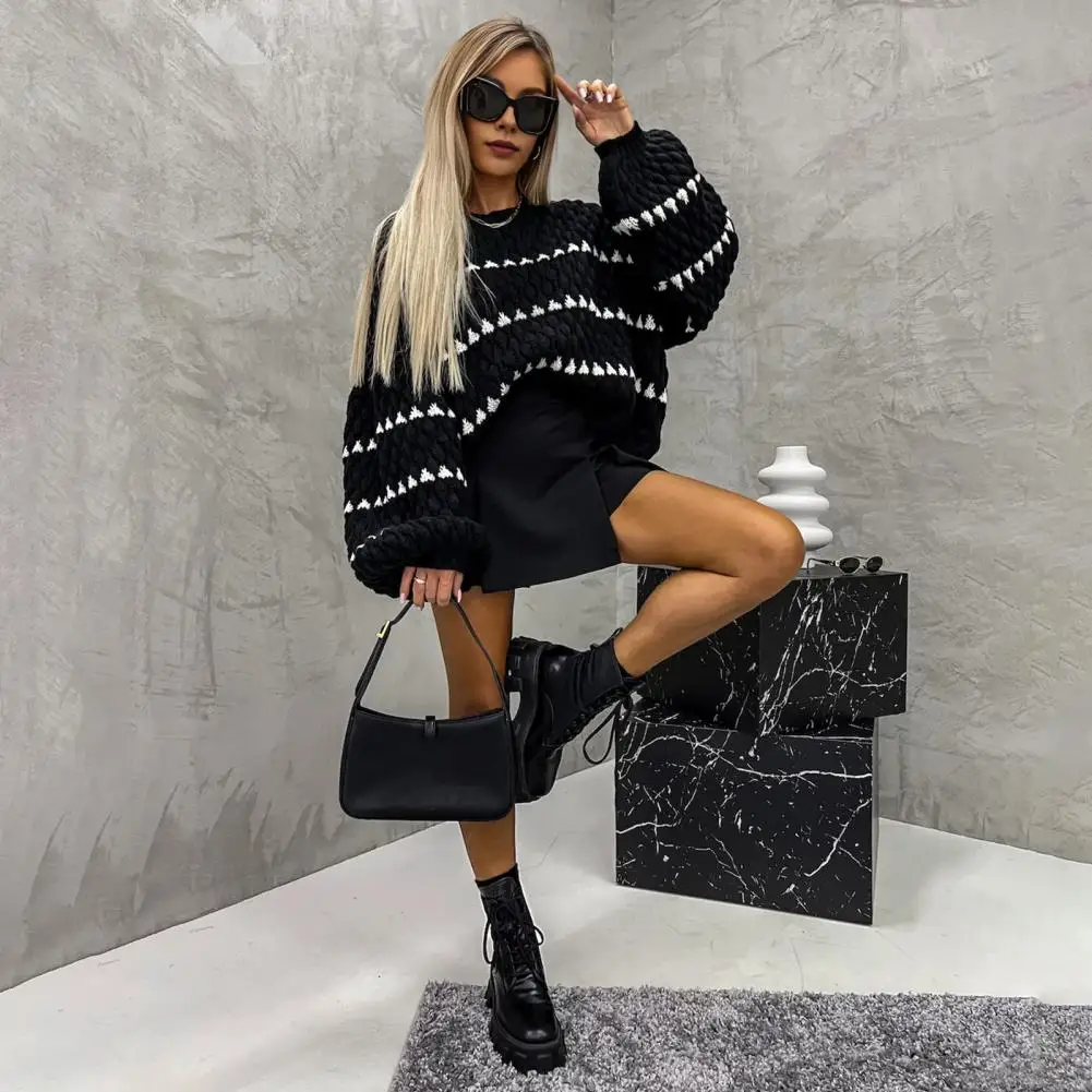 Commuting Sweater Women Jumper Cozy Striped Knit Sweaters for Women Loose Fit Pullover Jumper Tops Thickened Warm Knitwear