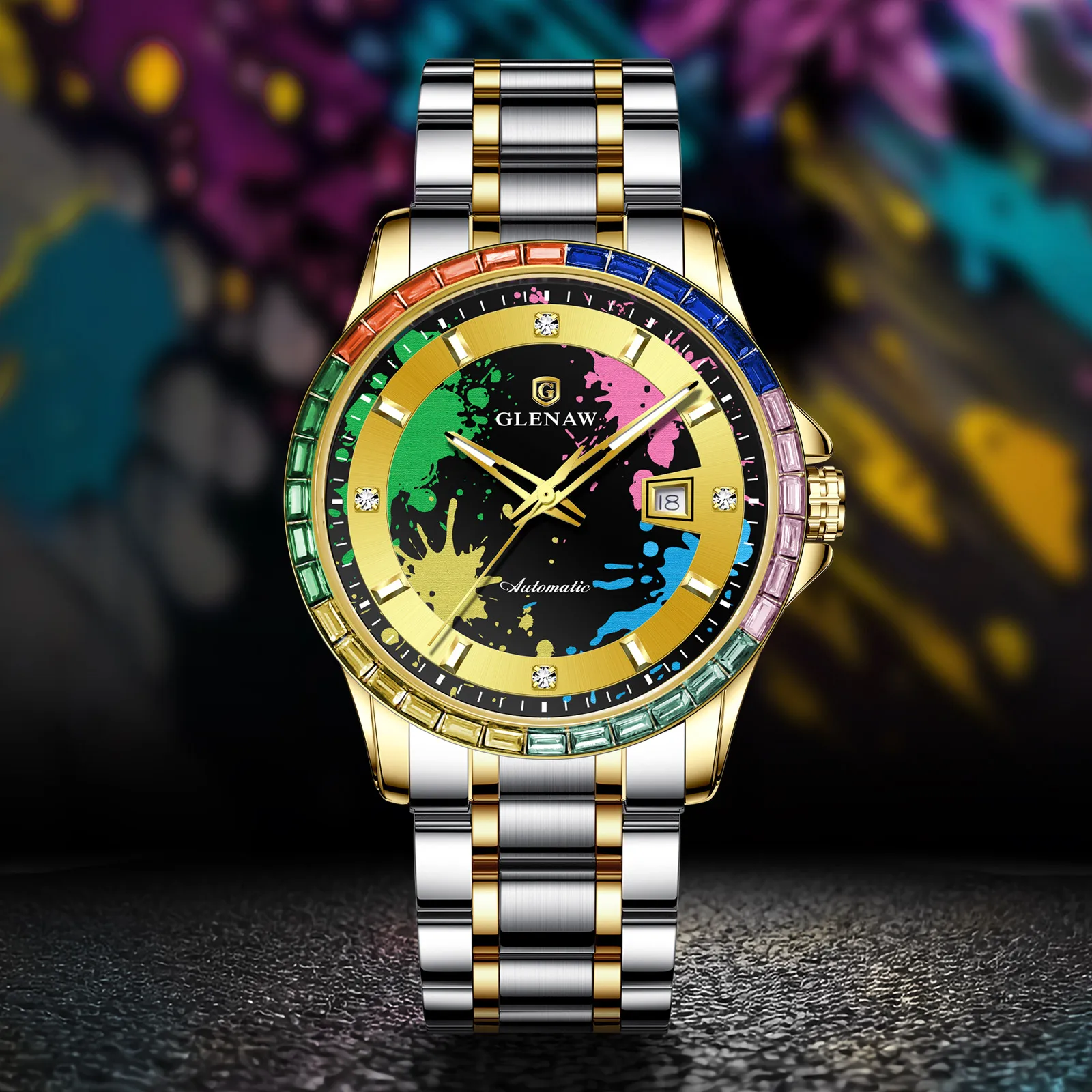 GLENAW 2025 Design NEW Rainbow Circle Mechanical Watch Men Luxury graffiti dial Night Light Calendar Waterproof Mechanical Watch