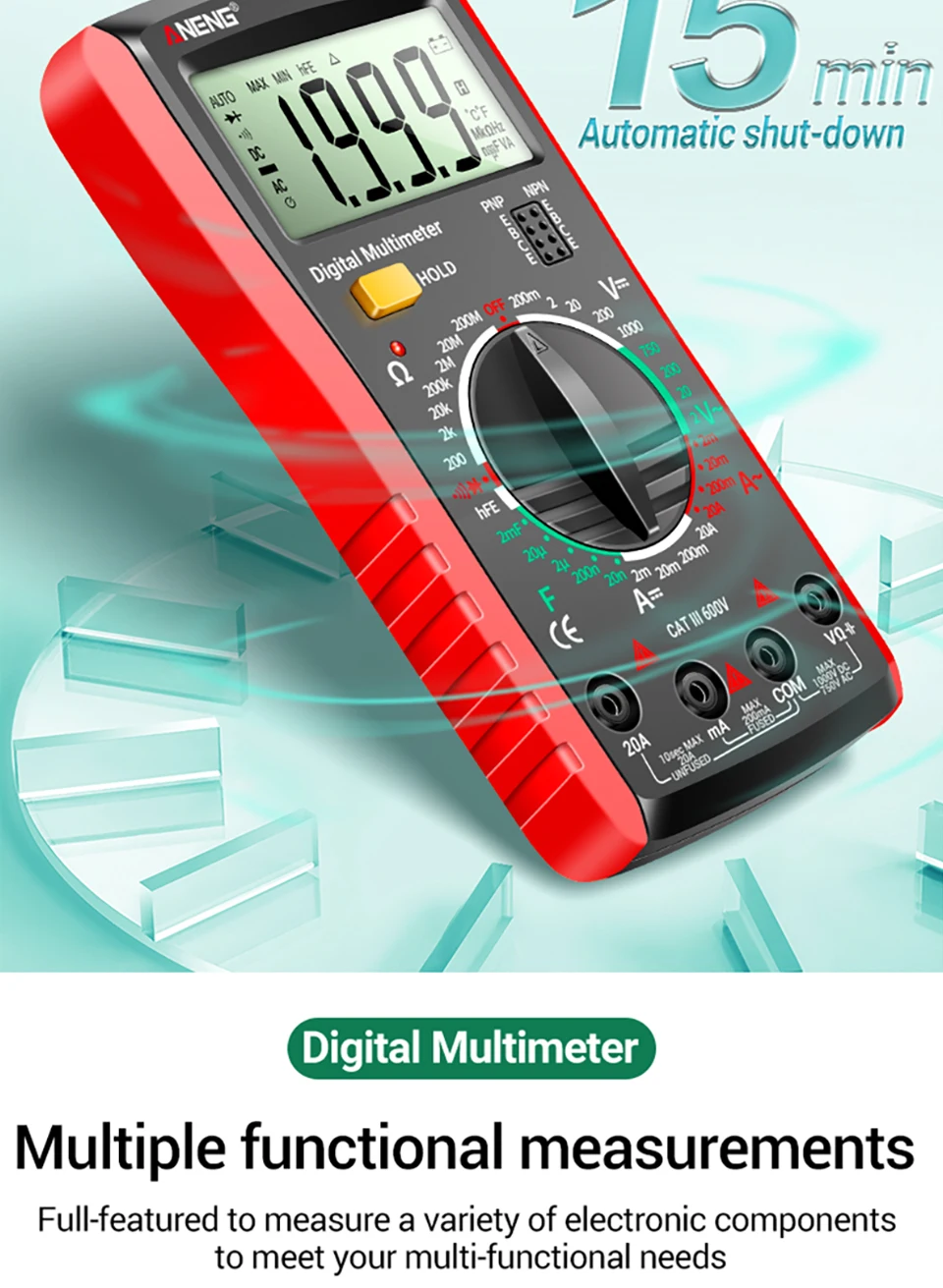 ANENG DT9205A Multifunktionales Digitalmultimeter mit 1999 Zählungen, Summer, Dioden- und Transistortest, Universalmessgerät für Elektriker – Detail 10