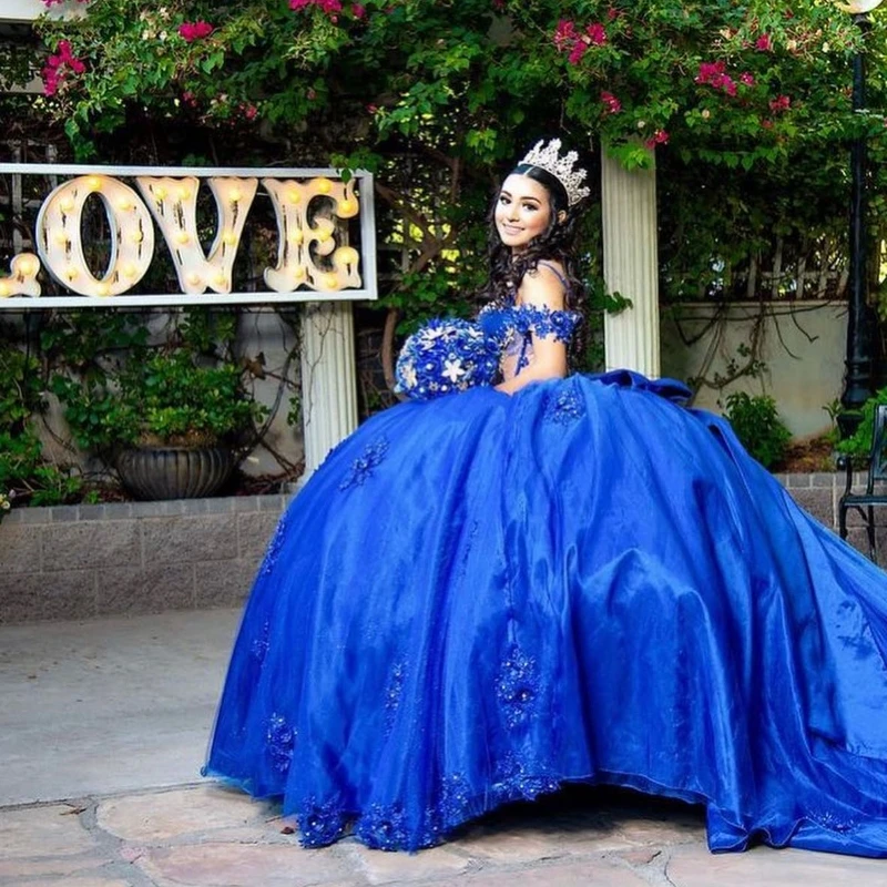 Luxury Vestido De 15 aecos Blue Quinceanera abiti Applique Lace Beads Sweetheart ragazze messicane Sweet 16 Birthday Party Dress