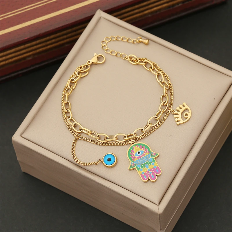 316L Stainless Steel New Fashion Fine Jewelry Colorful Paintings Eyes Palm Charm Chain Necklaces Bracelets Earrings For Women