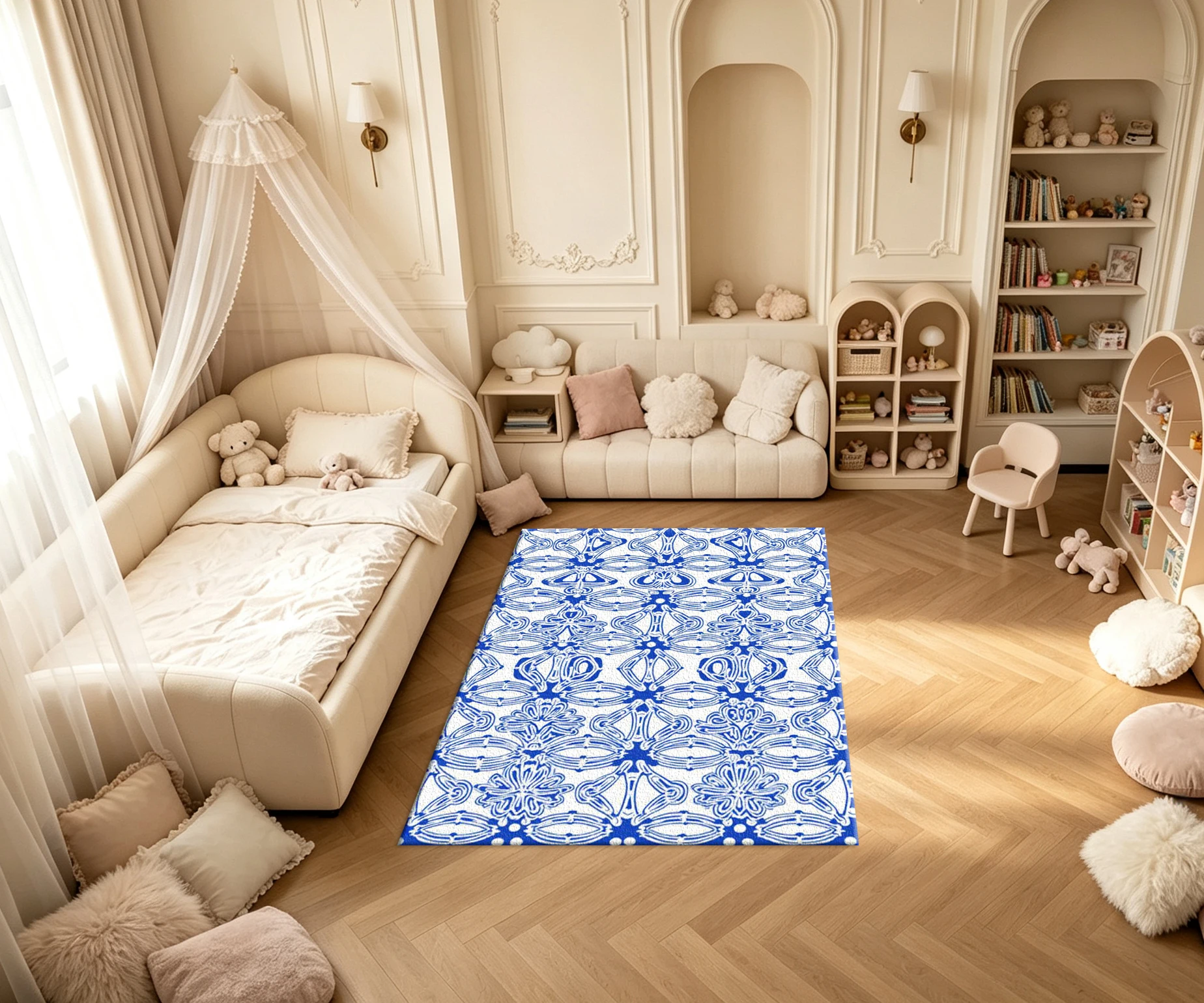 Blue White Vintage Ornate Floral Carpet Flooring Classic Household Indoor Decor Floor Rug