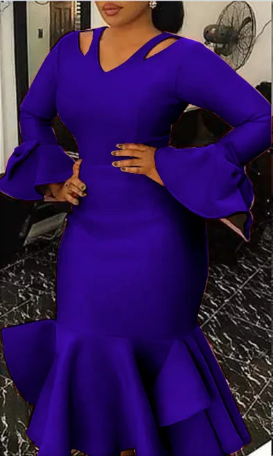 Personality Hollow Out V-neck Sexy Big Swing Dress, Solid Color Slim-fit Fishtail Dress, Flared Sleeve with Bow for Women Spring