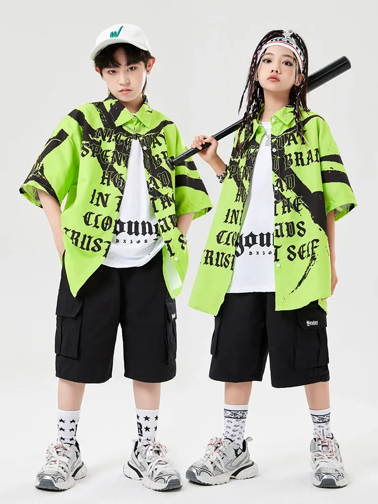ชาย Hip Hop ชุดเสื้อยืดสีเขียว Street Dance สีดํากางเกงขาสั้นสินค้าหญิง Streetwear เด็กห้องบอลรูมเสื้อผ้าเครื่องแต่งกาย