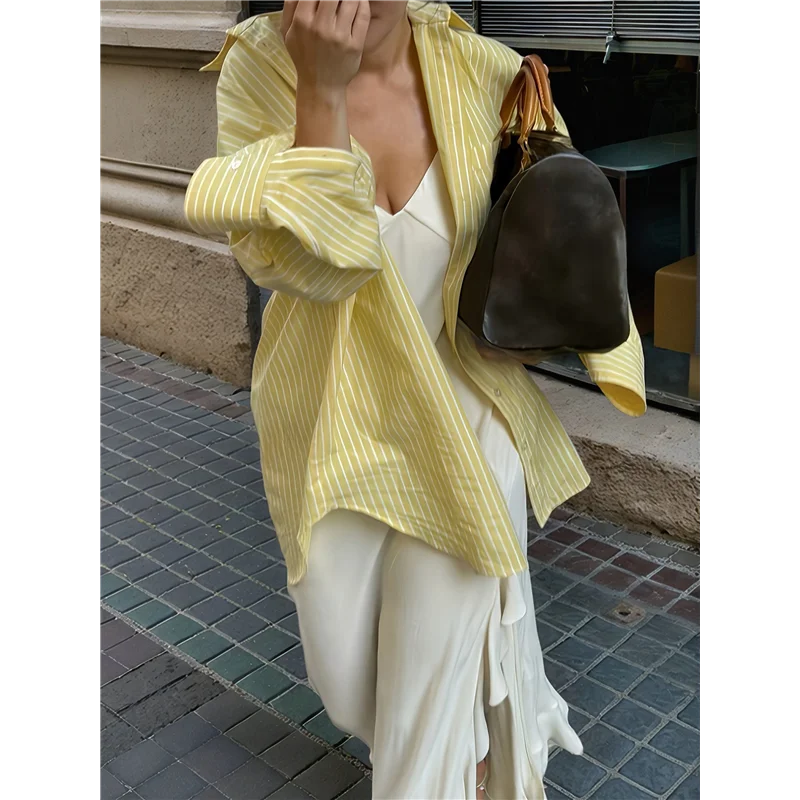 

Женская рубашка большого размера в полоску на пуговицах с защитой от солнца, желтые топы, блузки с длинными рукавами, топы