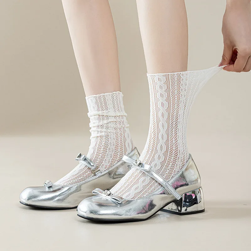 Japanese Kawaii Girls Cute Socks Spring Summer Mesh Hollowed Out Women Lolita Sock Solid Color Harajuku Retro Vintage Long Socks