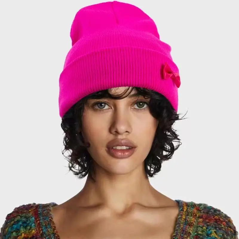 

652F Winter Warm Casual Bowknot Hip Hop Hat Adult Girls Female Knitted Cap