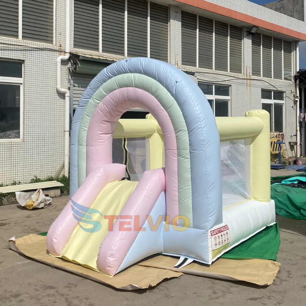 10x8ft Inflatable White Bounce House Rainbow Bouncy Castle Bounce House with Slide for Kids Party