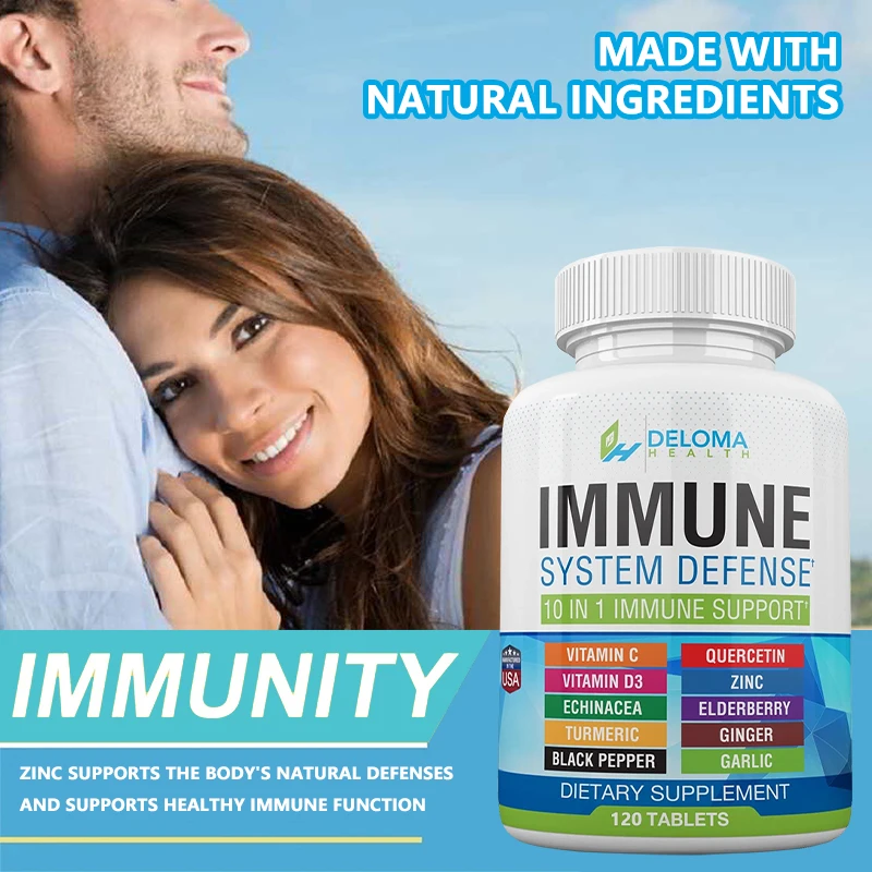 10-in-1 Immune System Defense Supplement - Vitamin C, Vitamin D3, Zinc, Elderberry, Echinacea, Turmeric, Ginger, Garlic