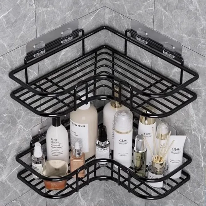 Self Adhesive Bathroom Shelf Punch  Aluminum Shower Storage Rack Waterproof with Hooks for Bathroom Sink Kitchen  Countertop