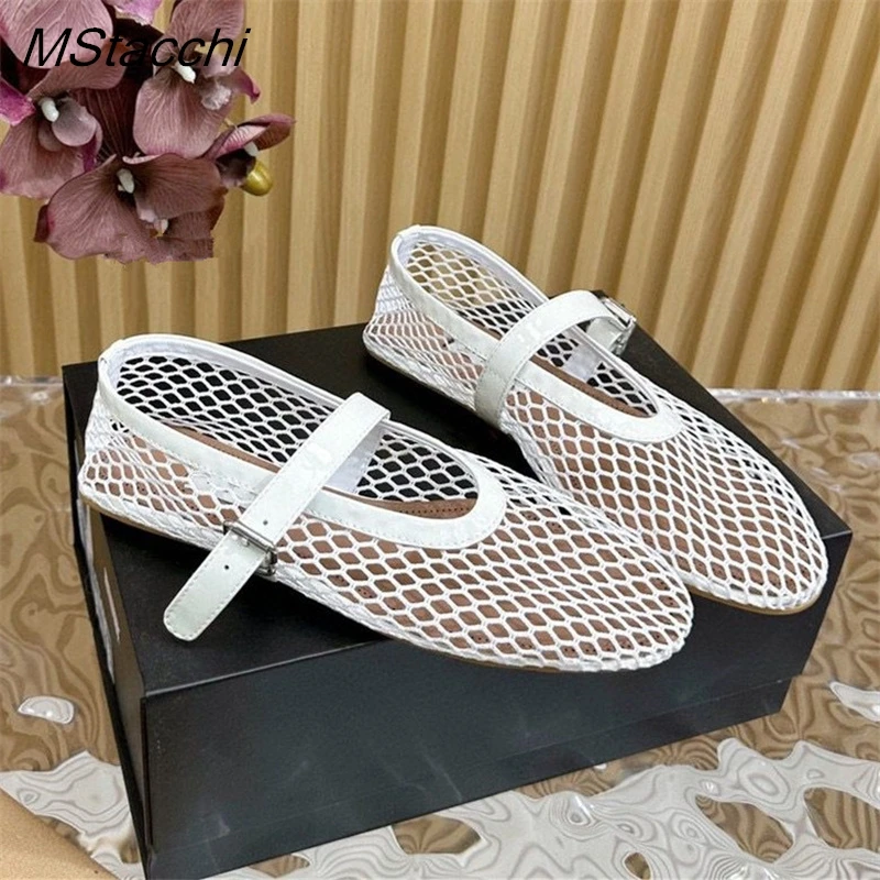 Zapatos de malla para mujer, sandalias transpirables de Ballet, cómodas, mocasines Mary Jane con correa y hebilla, verano, 2024