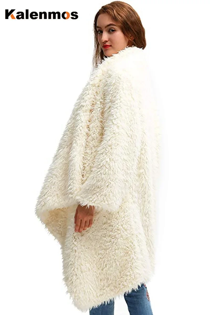 Fur Long Coat Women Spring Autumn Cardigan Fleece Loose High Street Jacket Solid Open Stitch Flocking Maxi Tops Jackets Blends