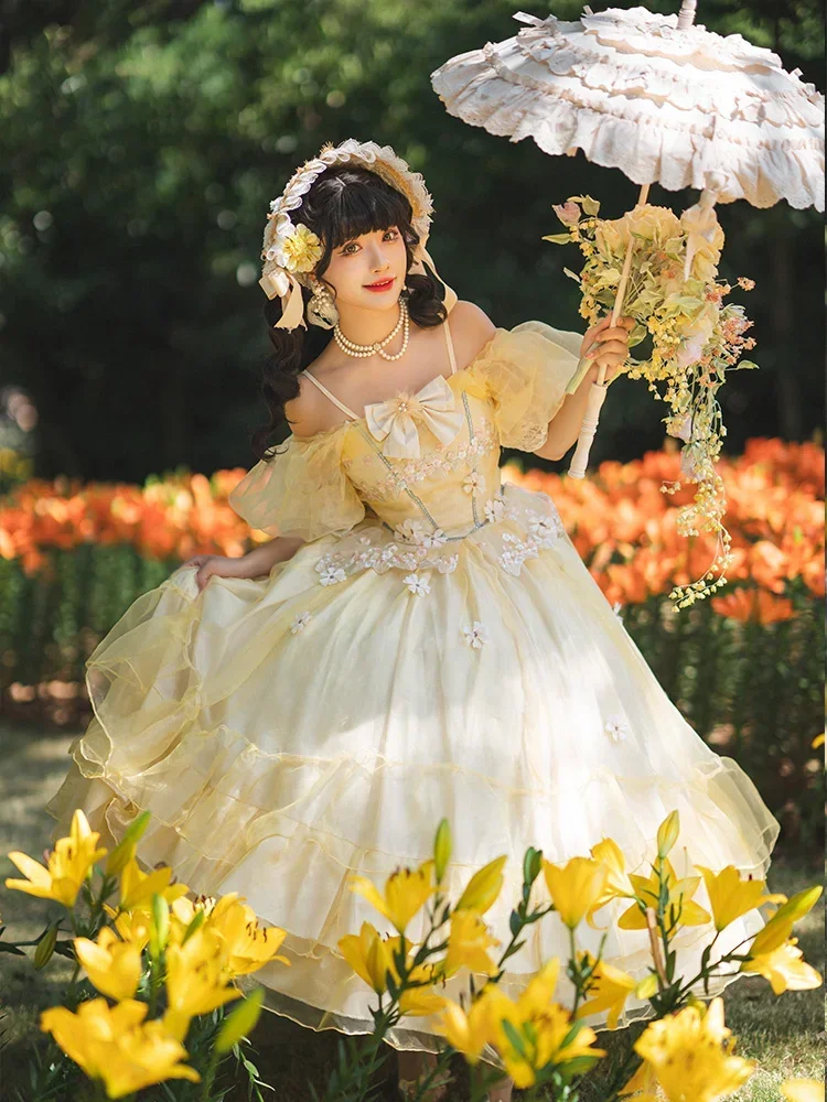 

Summer Japanese Yellow Lolita JSK Dress Sweet Lolita Straped Dresses Female Girls Bow JSK Women Lace Loli Kawaii Wedding Dress
