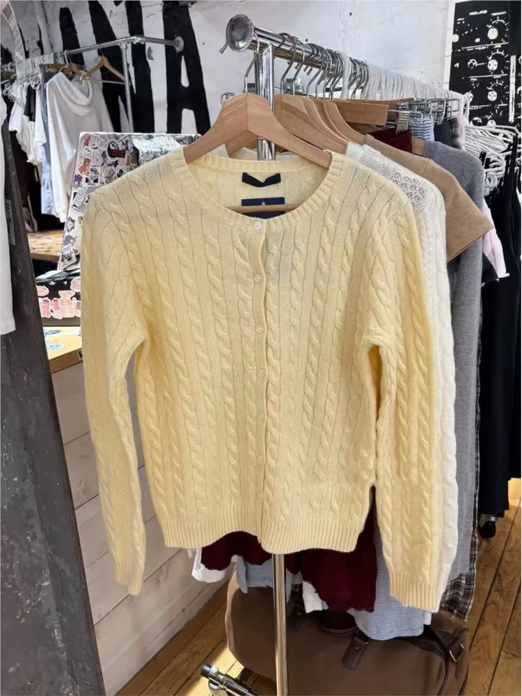 

Yellow Knitted Twist Sweater Coat Women Autumn New Cotton O-neck Button Loose Casual Jumper Top Vintage Sweet Cute Chic Cardigan