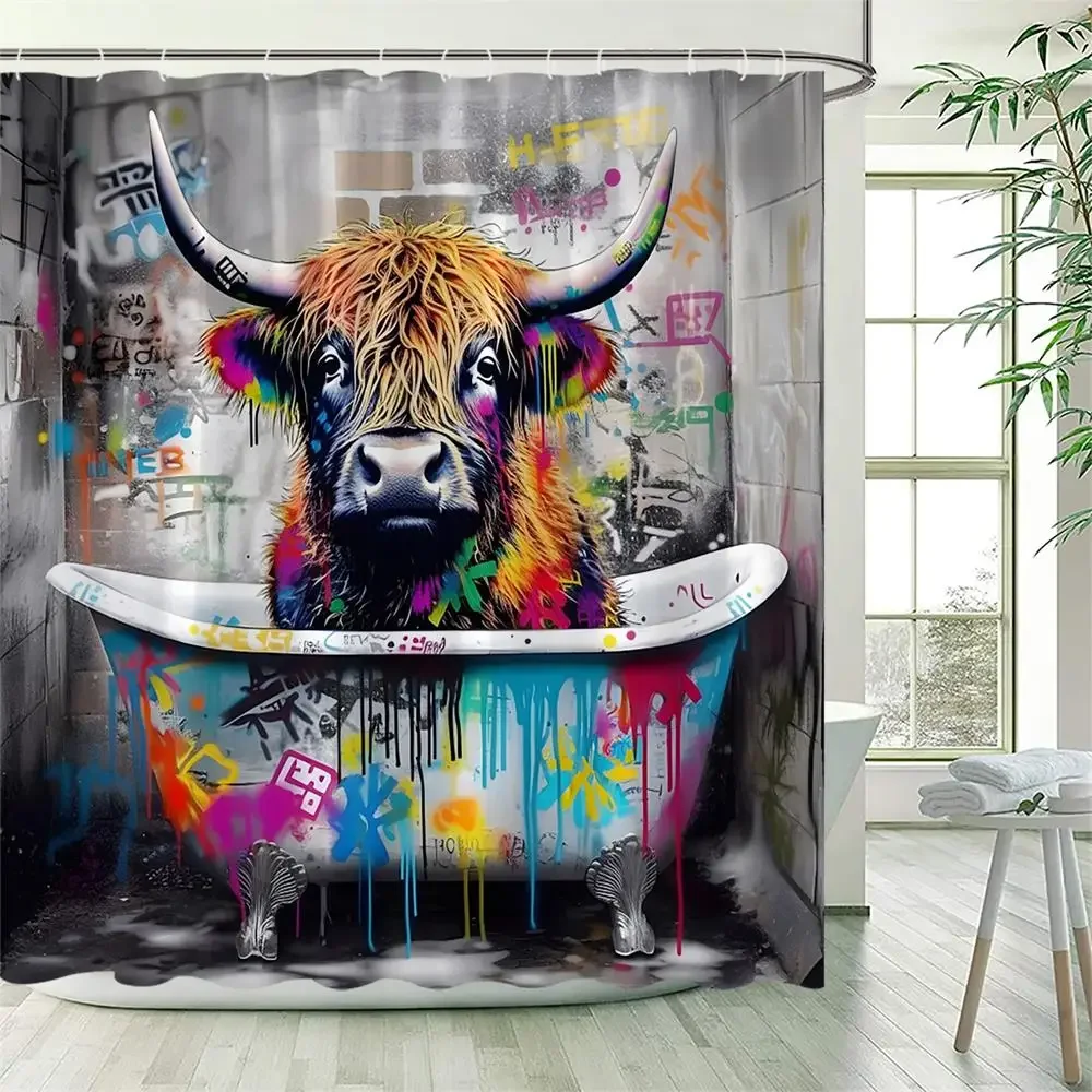 Funny Highland Cow Shower Curtains Farm Cattle Colourful Graffiti Art Bathing Animal Bath Curtain Fabric Bathroom Decor Hooks