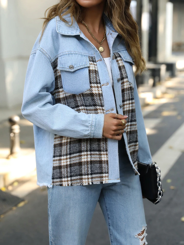 FTLZZ Autumn Winter Women Casual Lapel Button Denim Jacket Lady Vintage Plaid Patchwork Denim Jacket Coat