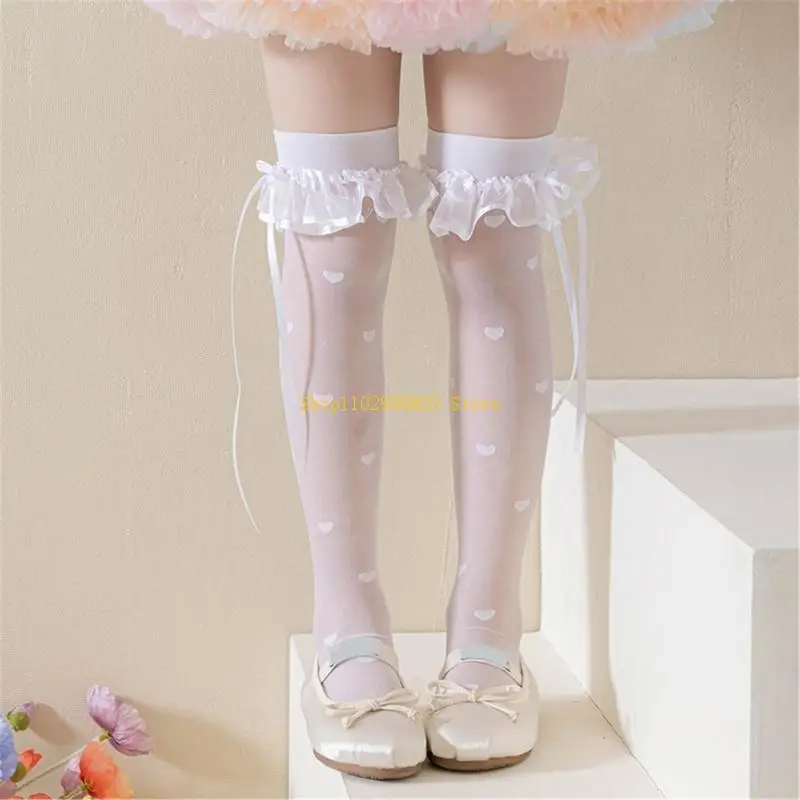 Breathable Lace Trim Bowknot Socks for Girl School Kid Knee High Socks Stretchy Seethrough Socks for Spring Socks J0MF