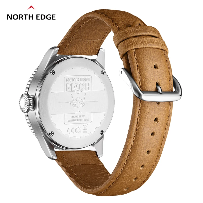 NORTH EDGE jam tangan tenaga surya pria, arloji Stainless Steel perak baru, tali kulit bercahaya, tahan air 50M Reloj Hombre