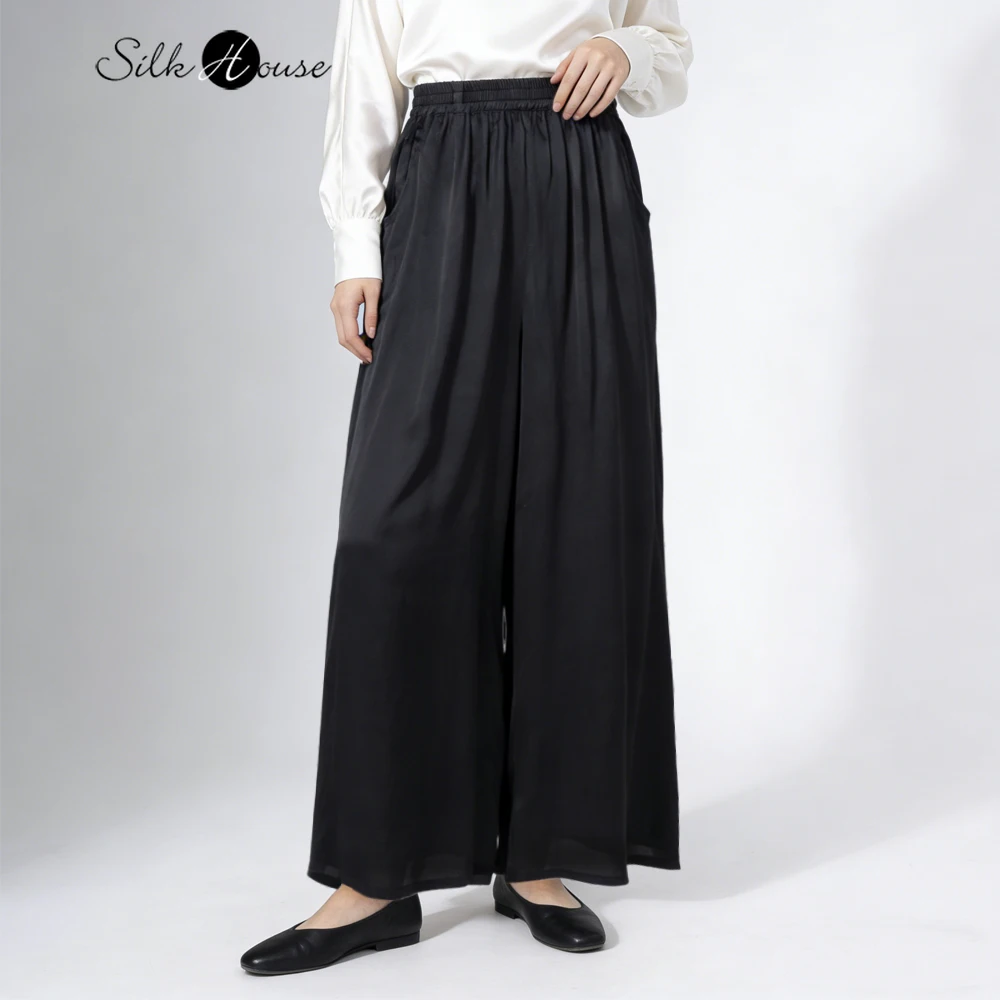 

Plus Size Women's New Soft 100% Natural Mulberry Silk Sand Washed Satin Black Elastic Waist Casual Skin-friendly Wide Leg Pants