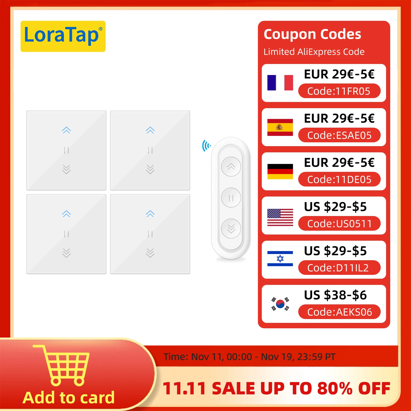 

LoraTap Tuya Curtain Switch Rolling Blinds Switch Backlight RF & WiFi Tubular motors Smart Life Google Home Alexa Echo