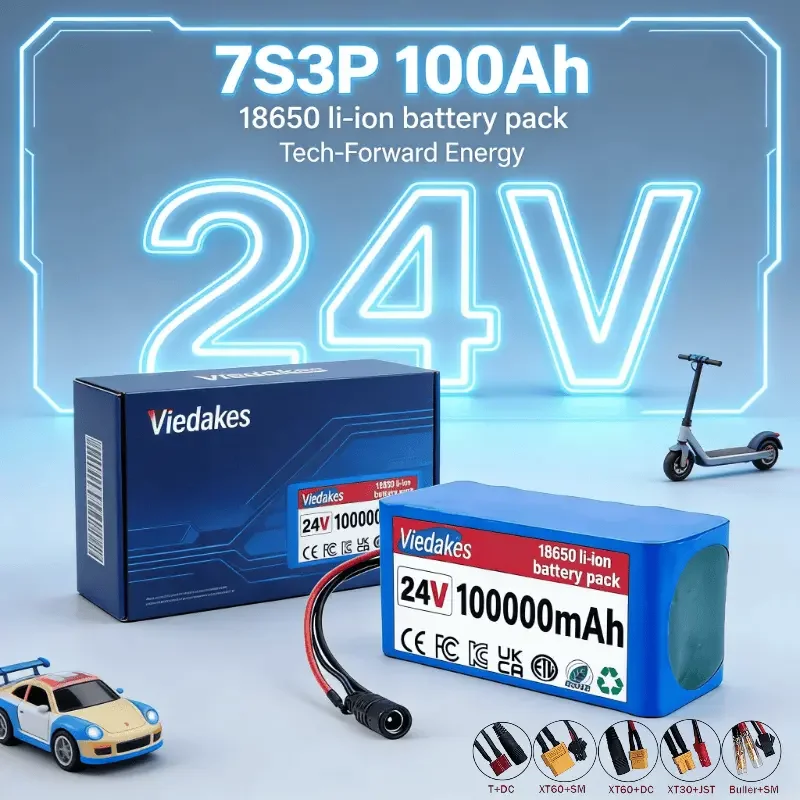 

VIEDAKES 24V 100Ah Battery 7S3P 18650 배터리 With Charger Customizable Connector For Outdoor Camping Long Cycle Life
