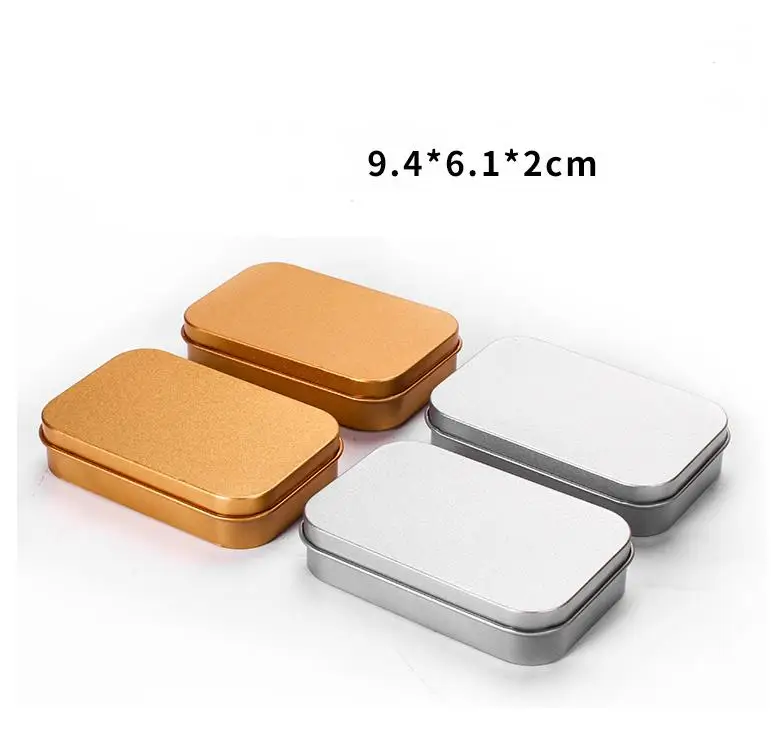 200pcs Plain gold silver metal tin box 9.4cm x 6.1cm x 2cm rectangle tea candy business card usb storage tin boxes case ni206