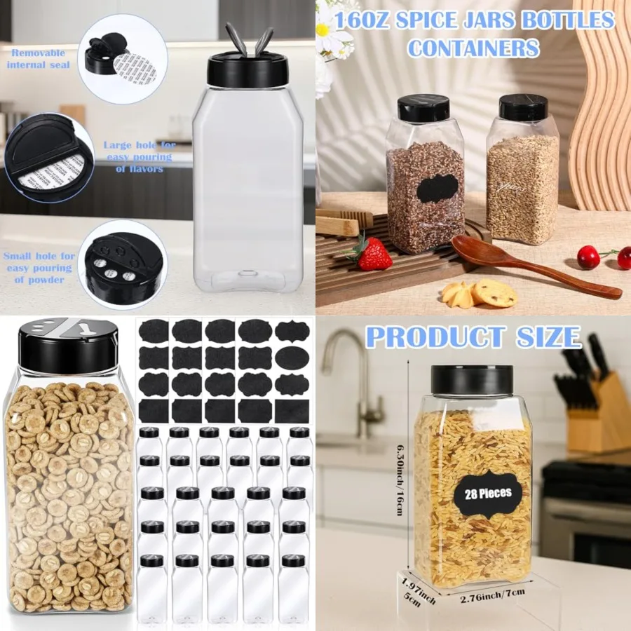 28 Pack 16 oz Plastic Spice Jars with Cap, Clear Empty Square Bottle Containers Reusable Large Seasoning Powder Storage Jars wi