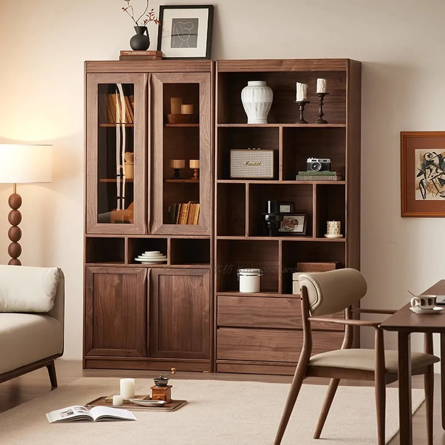 North American all-black walnut solid wood full-wall glass bookcase, Bogu shelf, study cabinet, office integrated cabinet