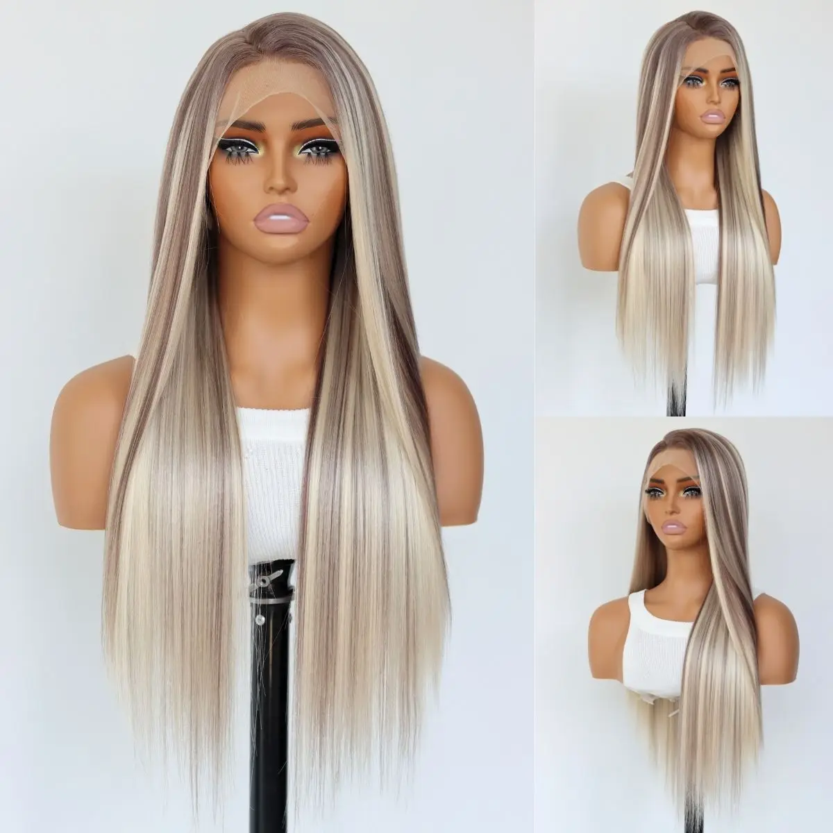 Highlight Ash Blonde Lace Front Wig Straight Ombre Brown Mixed Blonde 13x4 Synthetic Lace Front Wigs for Women 24Inch