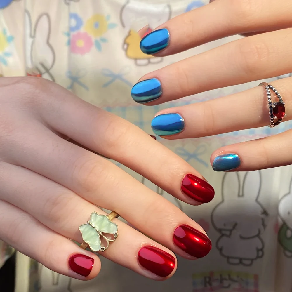 2Jar Red and Blue Chrome Nail Powders set Metallic Effect Pigment Christmas Series Rubbing Dust Valentine Manicure Glitter Flash