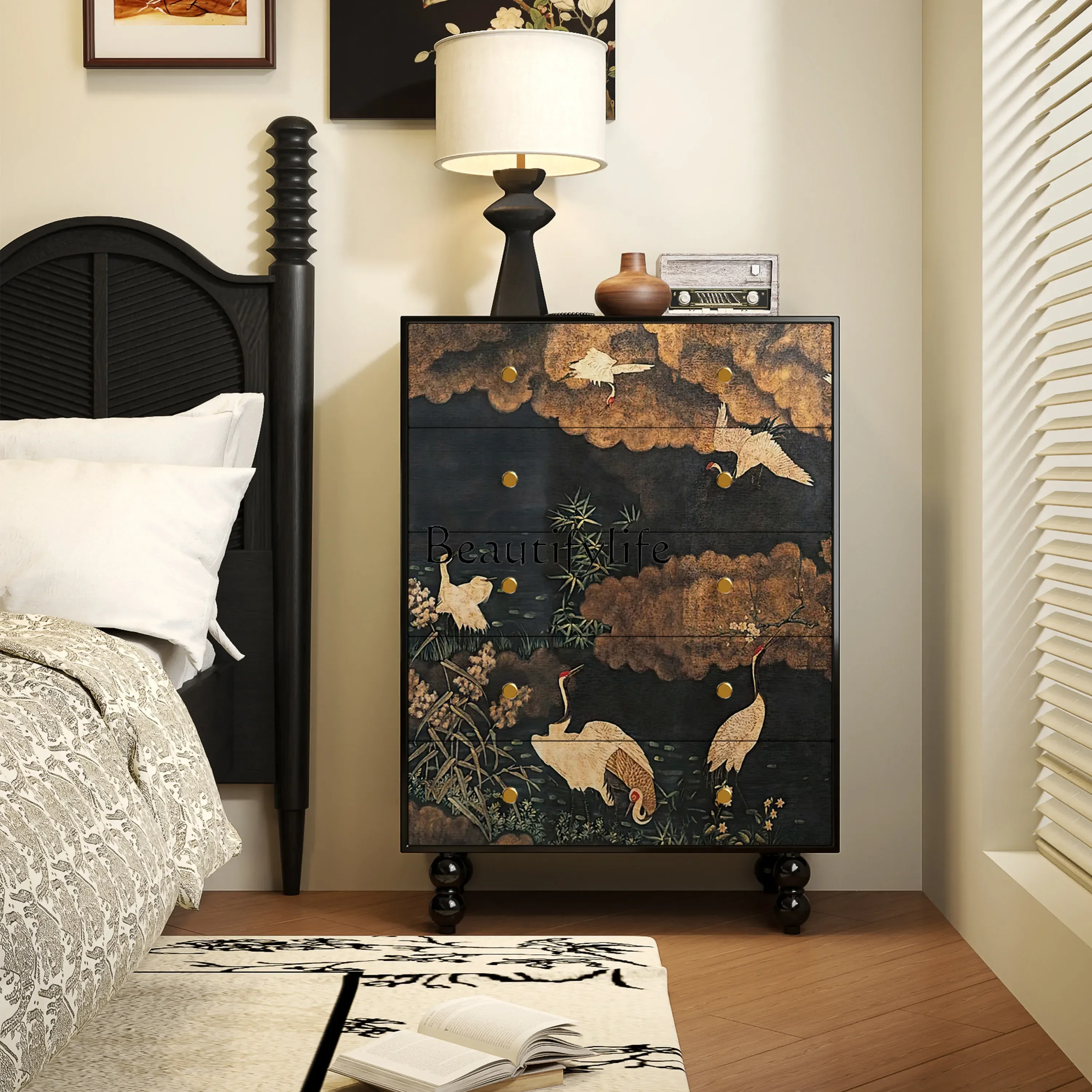 

06French medieval solid wood chest of drawers hotel homestay entrance decorative cabinet