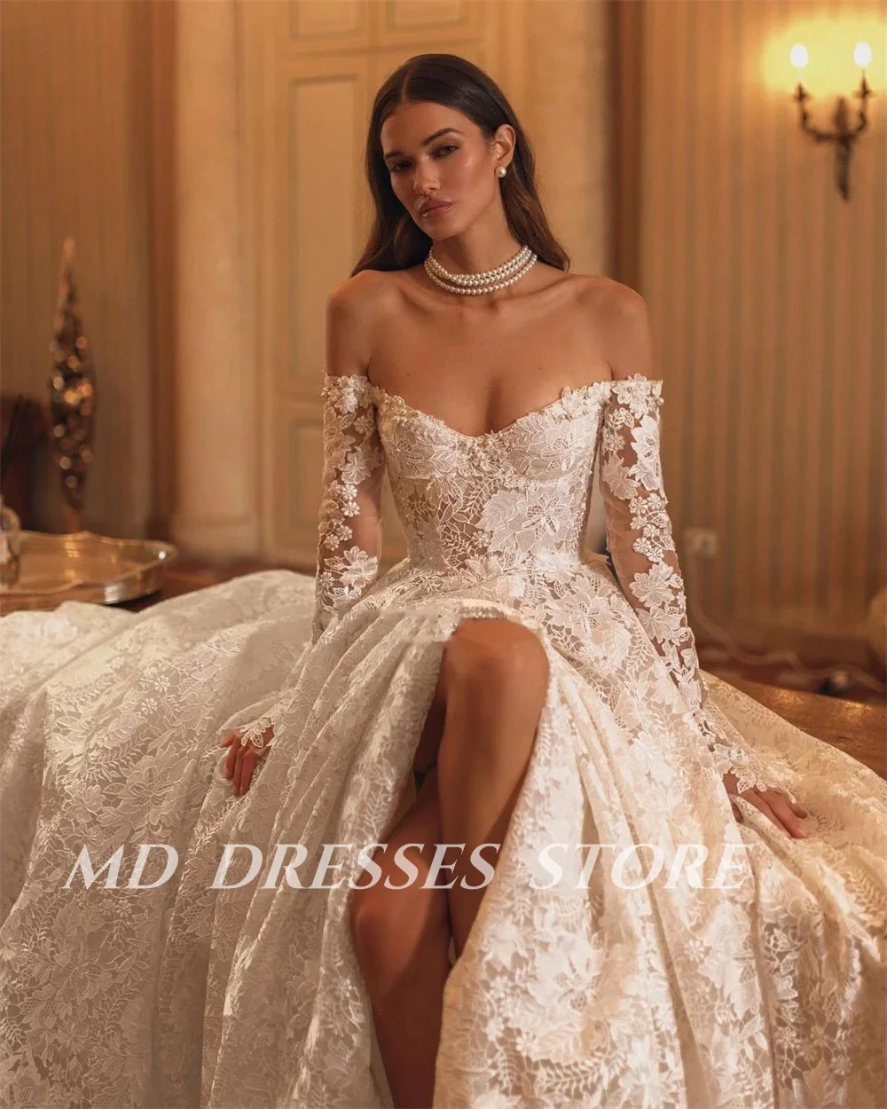 Md 2025 moderno a linha vestidos de casamento branco ajustável mangas completas rendas varredura trem vestidos de noiva vestidos de fiesta personalizado