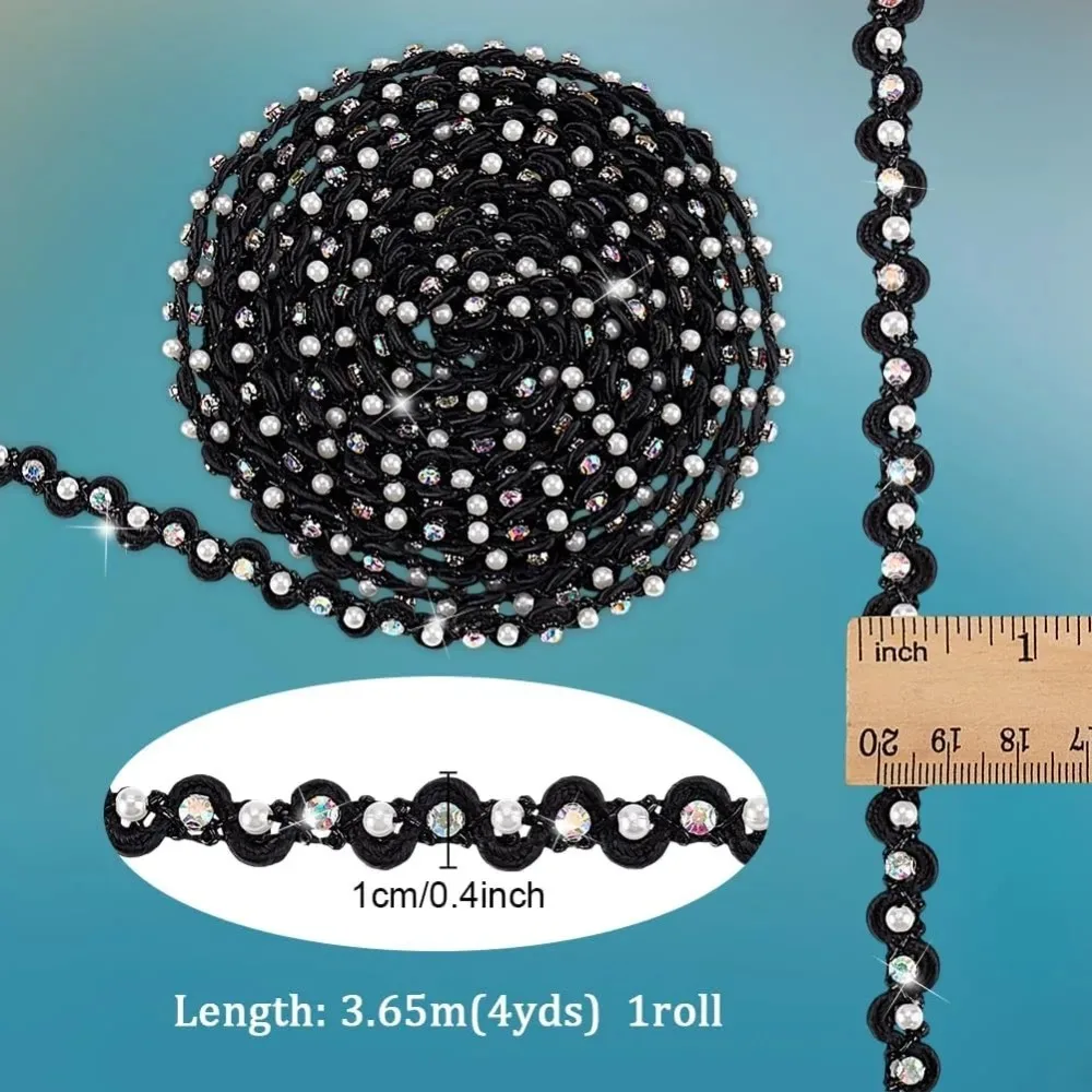 4 ياردة اللؤلؤ الدانتيل تقليم 3/8 بوصة أسود متموج شريطة من الدانتيل اللؤلؤ هامش حجر الراين هامش زين النسيج الأعرج الشريط صنع عدة