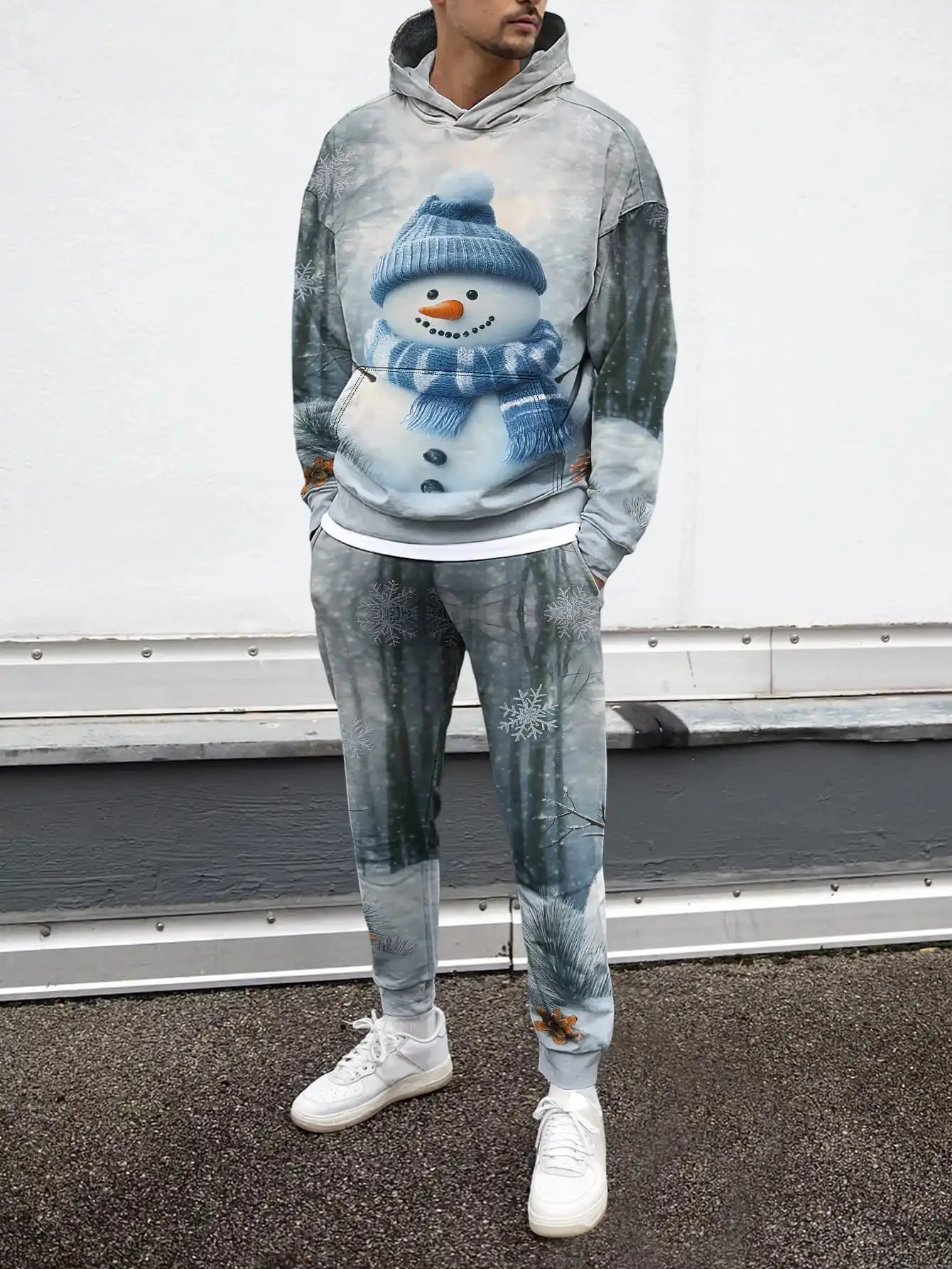 Conjuntos de moletons masculinos com estampa 3D de boneco de neve, moda criativa, design de manga comprida, tops e calças, outono inverno, conjunto de duas peças
