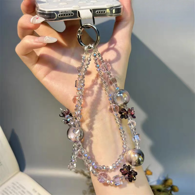

Pink Sweet Cool Wind Crystal Mobile Phone Chain Original DIY Pendant Anti-Lost Keychain Bag Trailer Hanging Gypsy