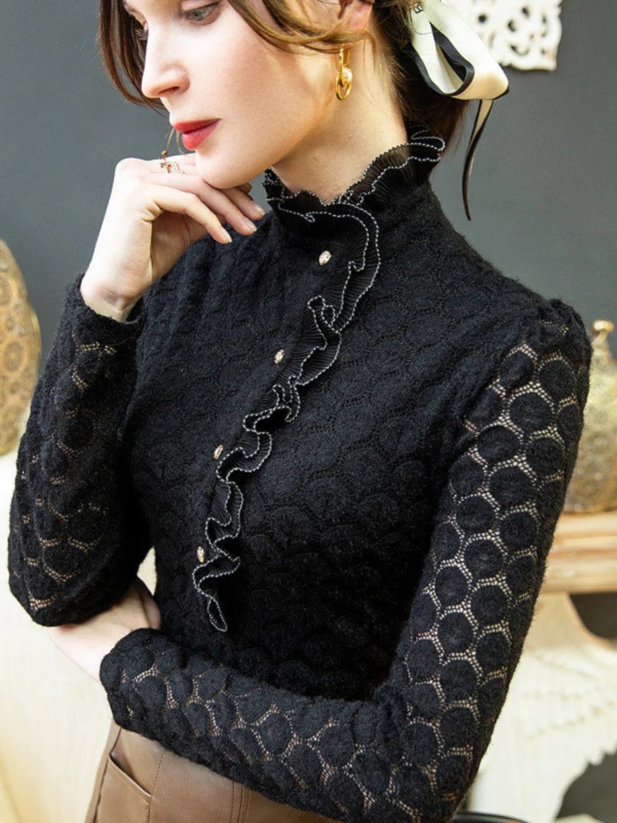 Camiseta de Manga Longa de Poliéster com Gola Alta e Forro de Renda Sexy para Mulheres, Confortável e Quente para o Outono e Inverno