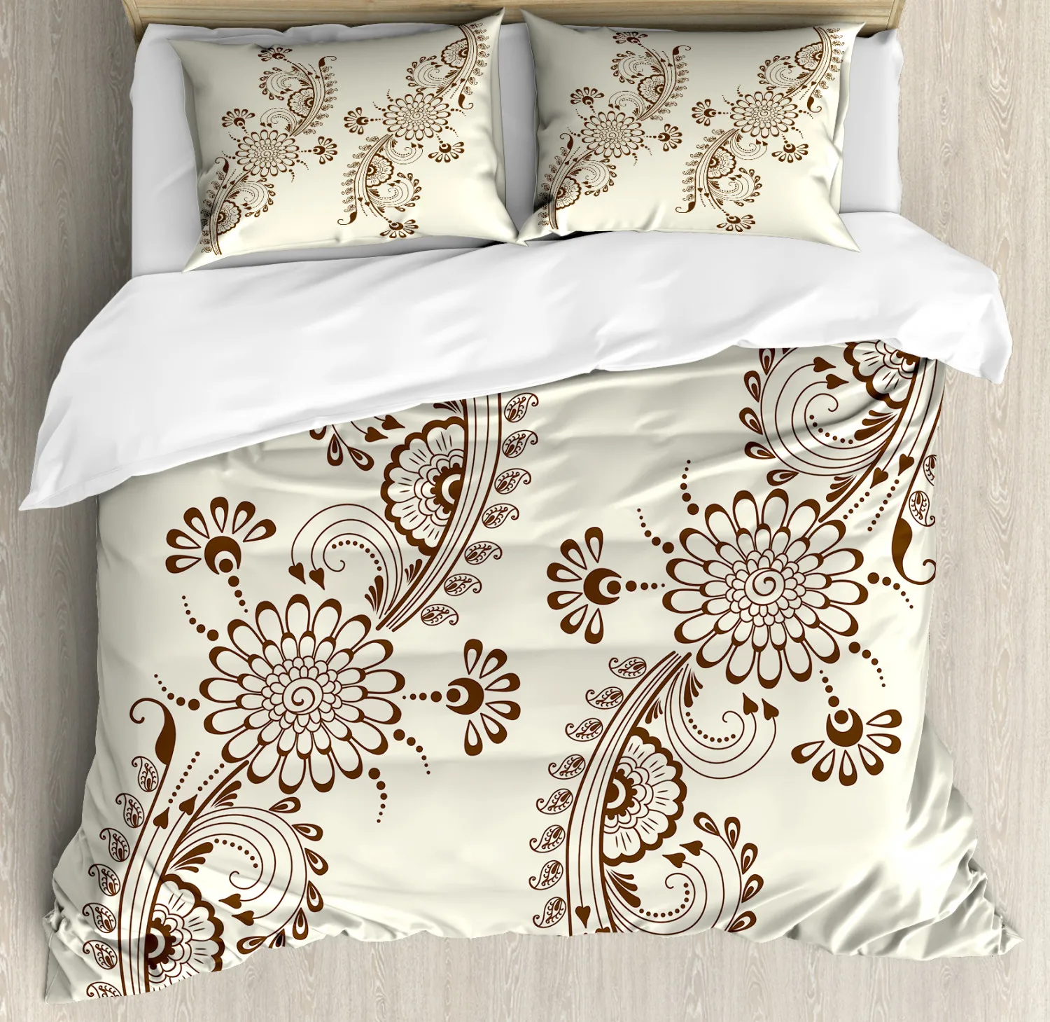 Henna Duvet Cover King Queen Abstract Floral Elements South Asian Mehndi Style Oriental Design Polyester Bedding Set,Cream Brown