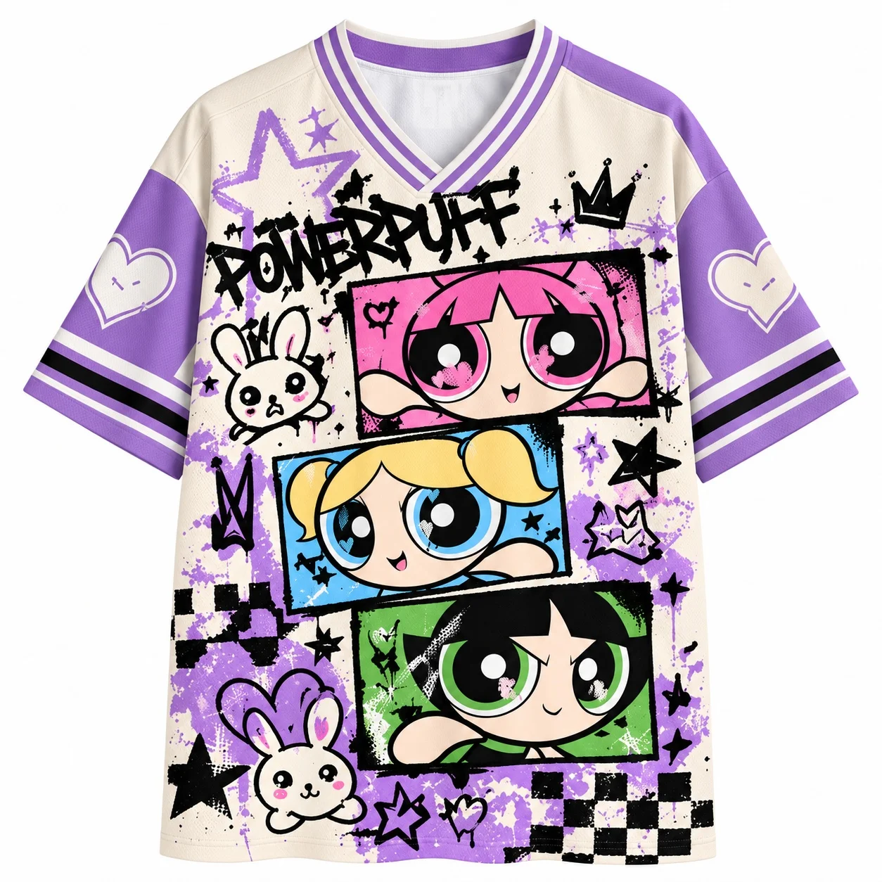 Powerpuff Girls Grafik-Trikot-Shirt für Erwachsene, Unisex, V-Ausschnitt, Cartoon-Streetwear, Y2K, Kawaii, lässiges Sport-Top – Detail 3