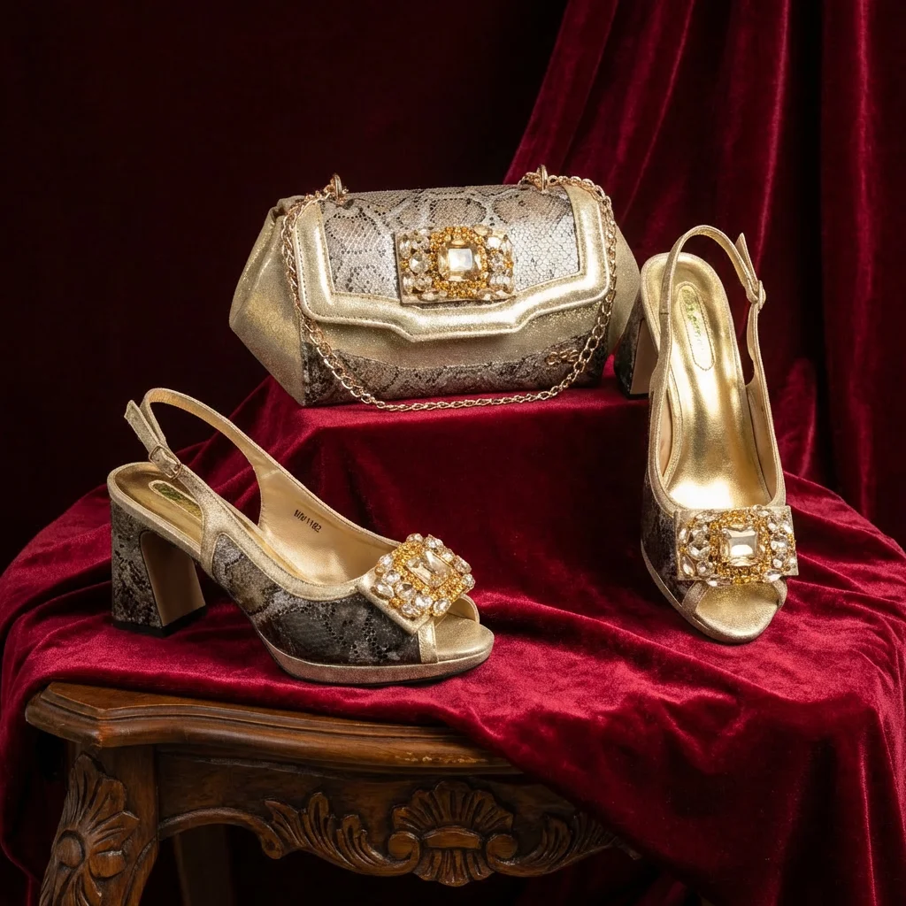 

New Elegant Women's High Heel Shoe and Bag Set Signature Italian Design with Premium Synthetic Fabrics for Weddings and Party