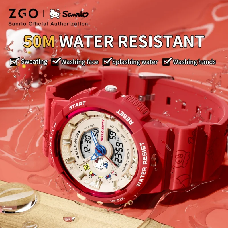 Reloj Digital ZGO Sanrio Hello Kitty para mujer, reloj electrónico rojo multifuncional deportivo resistente al agua para regalo de estudiantes 8573