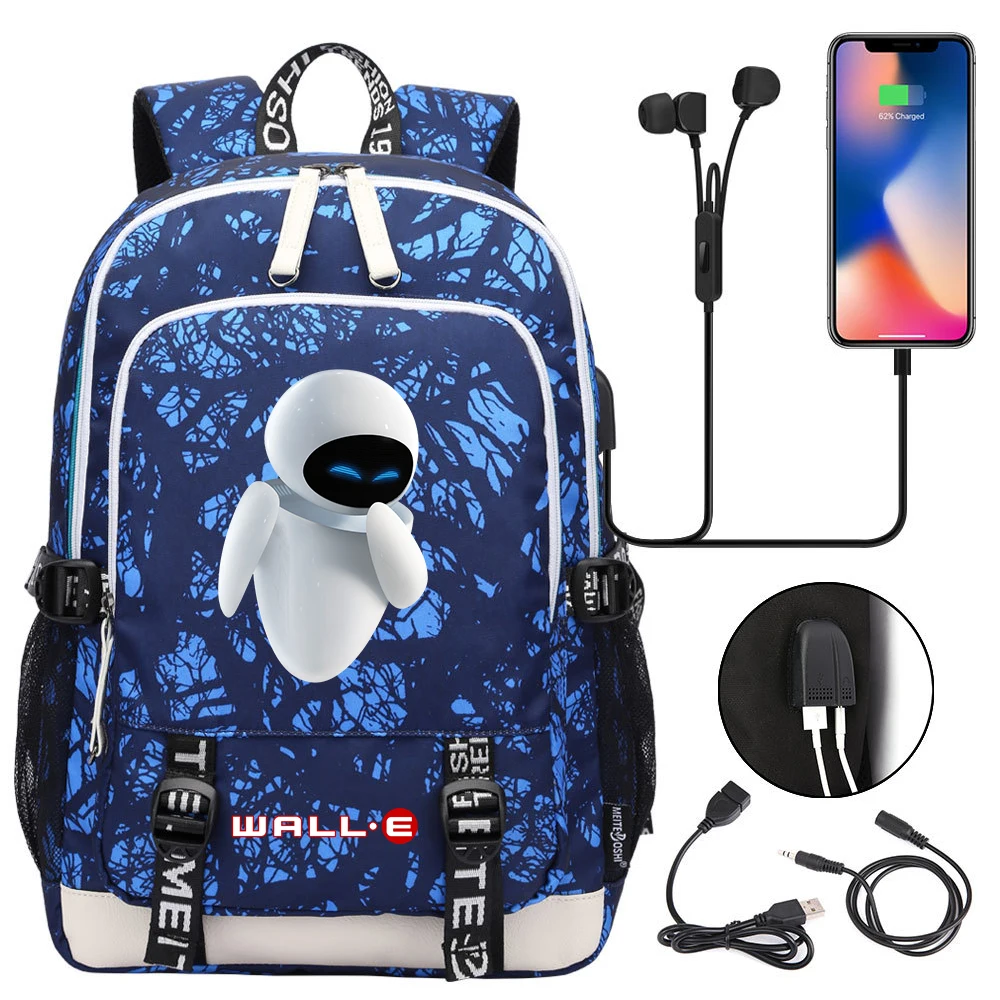 Wall-E Robot Multifunction Laptop Backpacks Student USB Charging Backpack Famale Colorful Print Rucksack Travel Bag Mochila