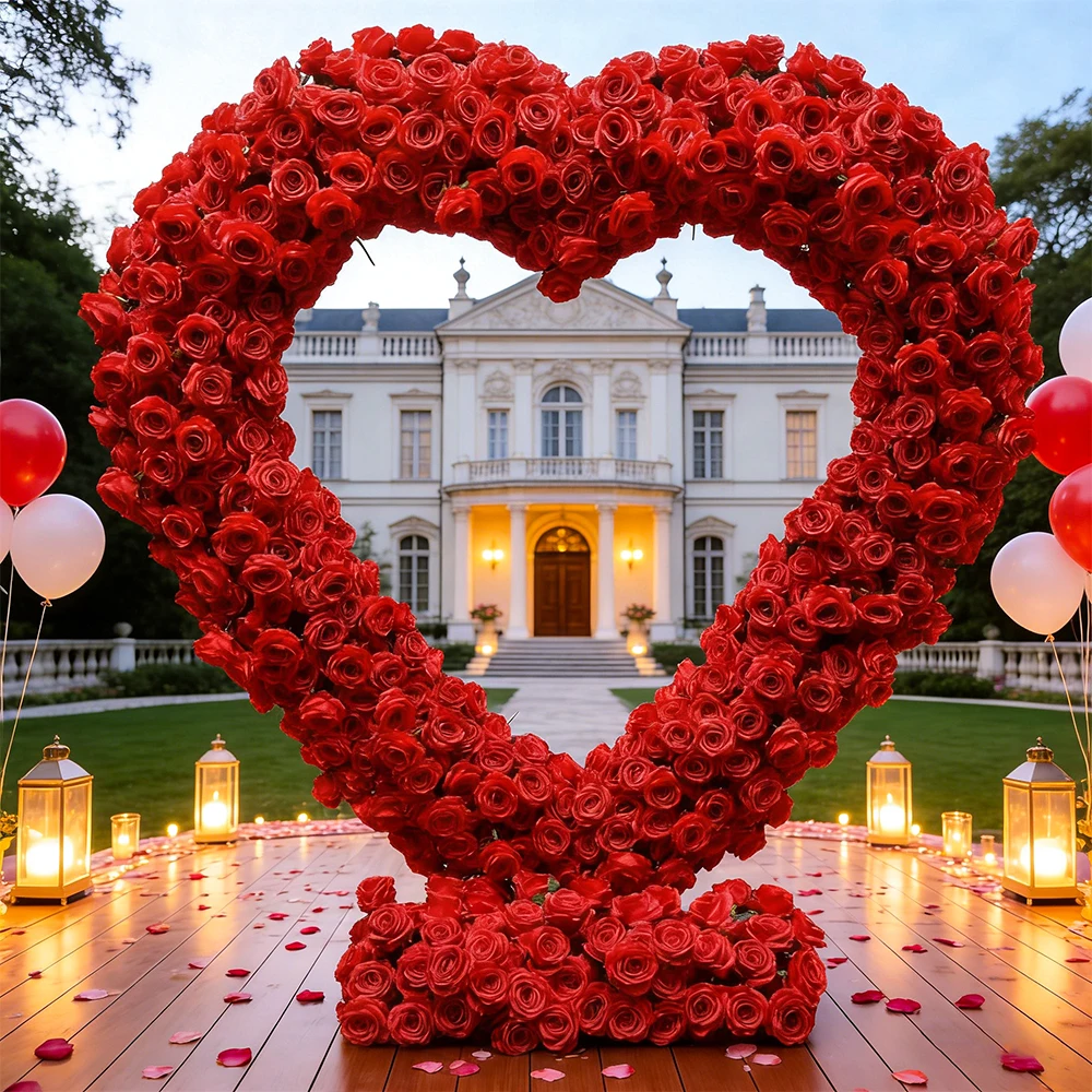 

Artificial Red Rose Heart-Shaped Arch Frame Wedding Backdrop Decor Flower Row Stand Props for Party & Events